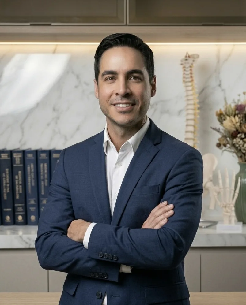 Dr. Thiago Alvim em seu consultório, ortopedista especialista em joelho